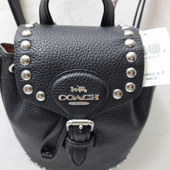 Coach Black Pebbled Leather Studded Drawstring Crossbody Backpack Bag - NWT $450 - Picture 14 of 16